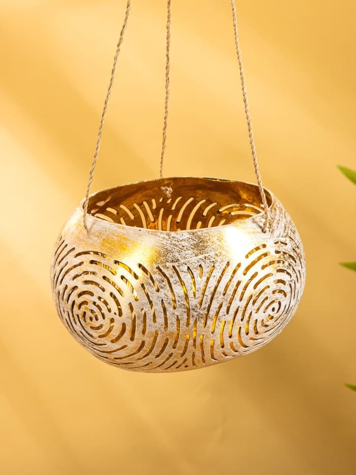 Подсвечник подвесной из кокоса, 13-16 см, бело-золотой
