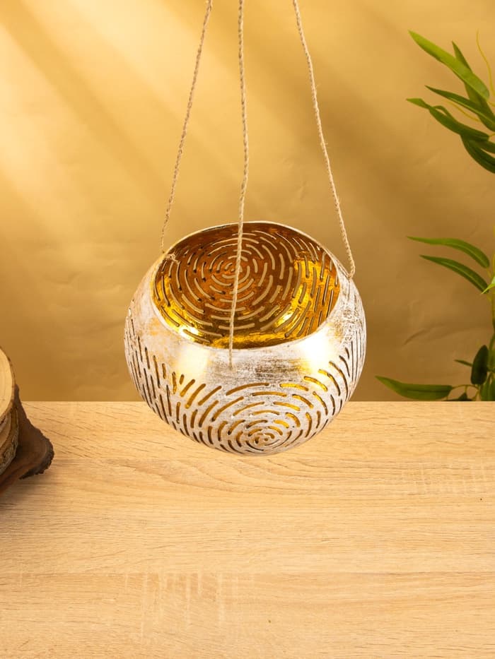 Подсвечник подвесной из кокоса, 13-16 см, бело-золотой