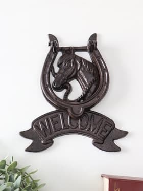 Дверной молоток для входной двери «Конь в подкове - Welcome», чугун, 18×2×21 см