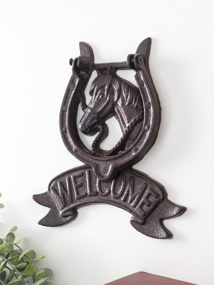 Дверной молоток для входной двери «Конь в подкове - Welcome», чугун, 18×2×21 см