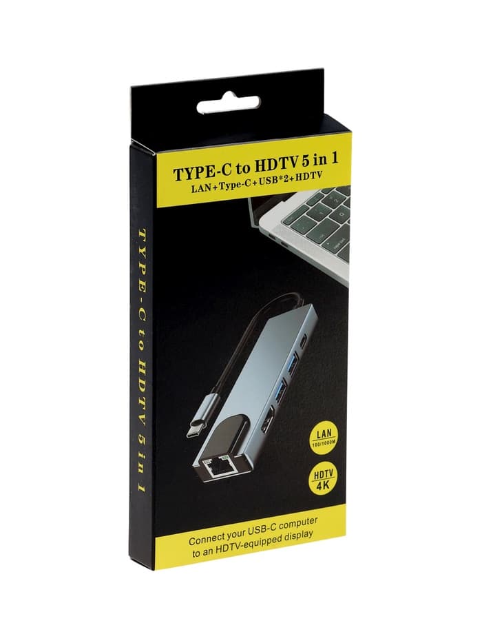 Type-C-разветвитель (HUB), HDMI/USB3.0/USB3.0/RJ45/PD, 60 ВТ, 3 А, кабель 13.5 см, серый