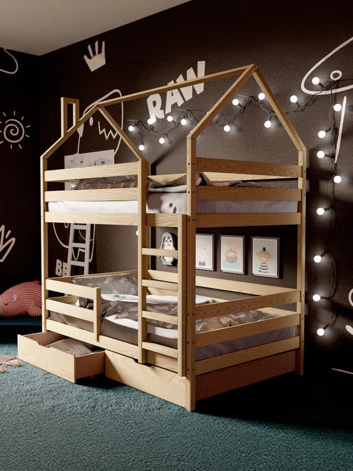 Кровать детская двухъярусная «Домик», с бортиками, без ящиков, 800×1600 мм, без покраски