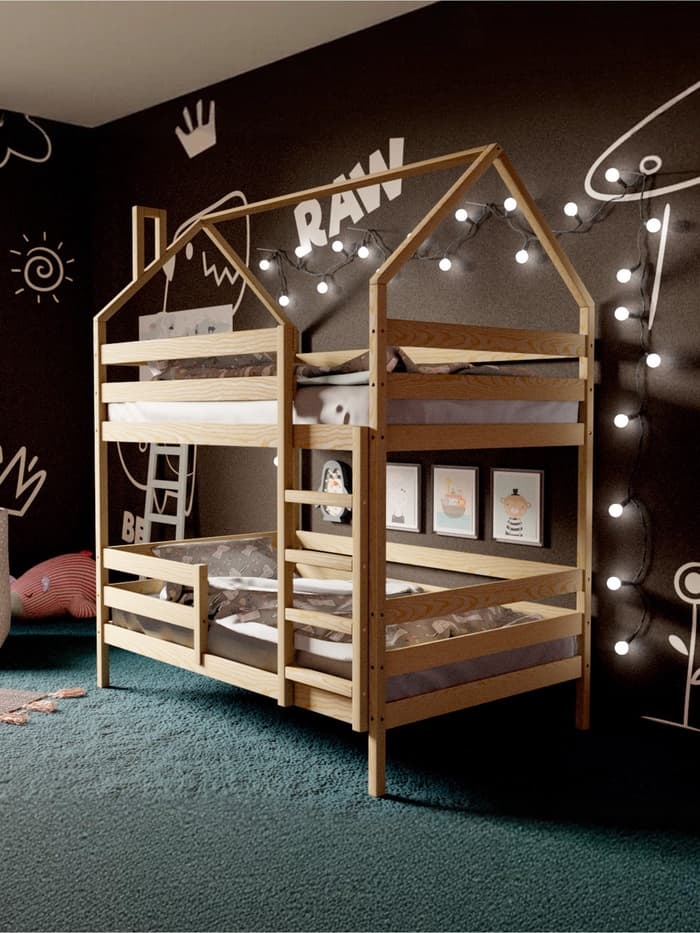 Кровать детская двухъярусная «Домик», с бортиками, без ящиков, 800×1600 мм, без покраски