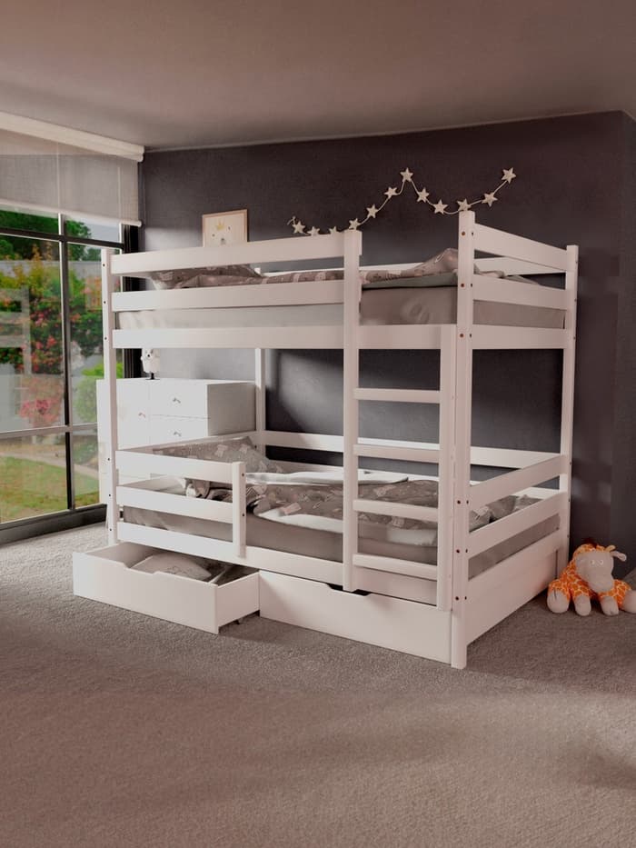 Кровать детская двухъярусная, с бортиками, без ящиков, 800×1900 мм, цвет белый