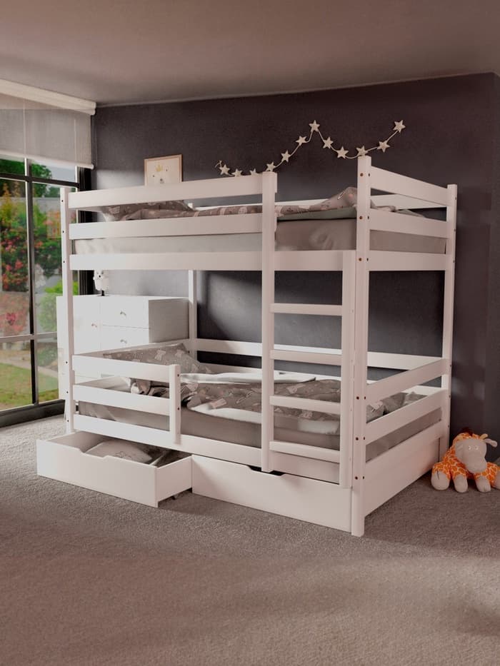 Кровать детская двухъярусная, с бортиками, без ящиков, 800×1900 мм, цвет белый