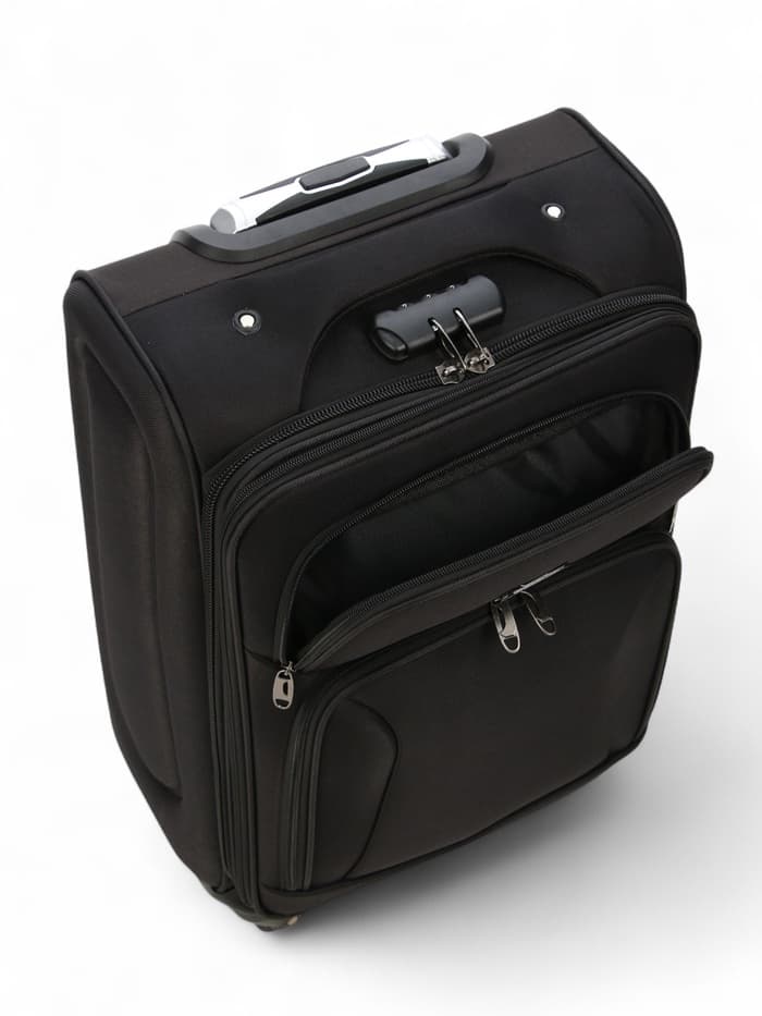 Чемодан на колёсах маленький 45 л (S), на молнии, с увеличением, кодовый замок, 4 колеса, чёрный