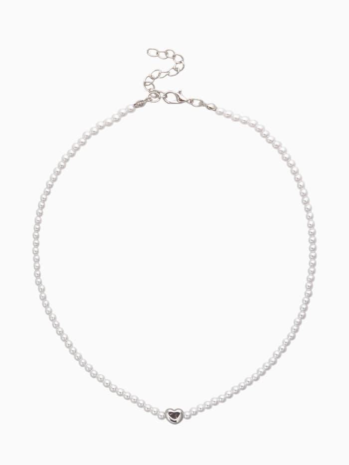 Чокер «Стразик», сердце и жемчужные бусины, белый в серебре, 36 см + 5 см доп, цепочка