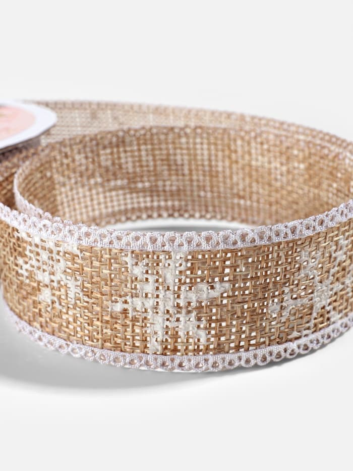 Лента текстильная с рисунком, 24 мм, 9.1± 0.5 м, бежевая, белая