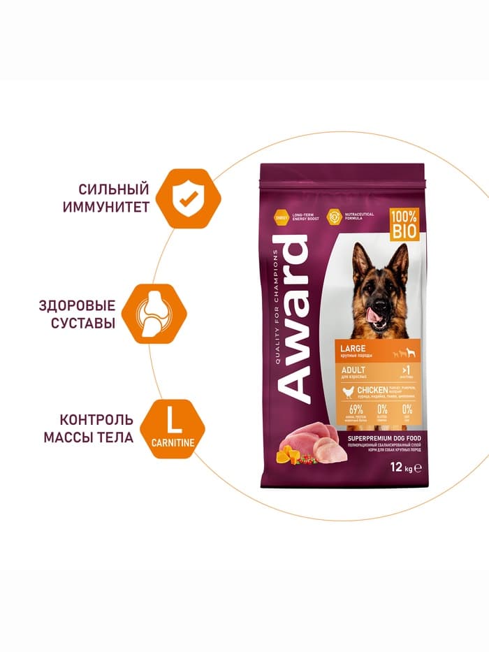Сухой корм AWARD для вз-х собак крупных пород с кур/инд/тыква и шиповник 12 кг