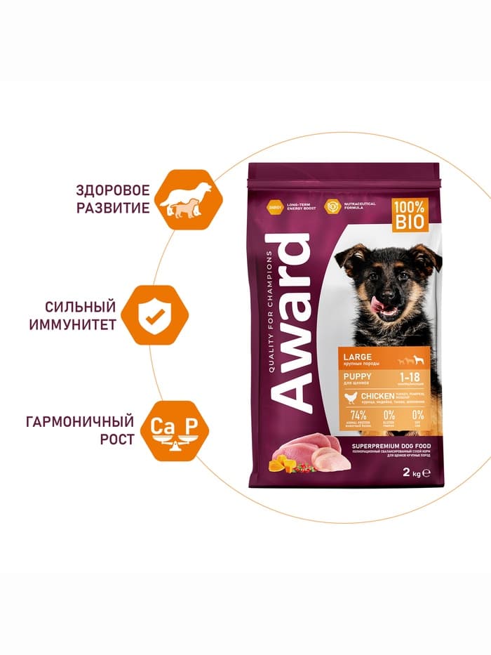 Сухой корм AWARD для щенков от 1 месяца крупных пород, курица, индейка, тыква, шиповник, 2 кг