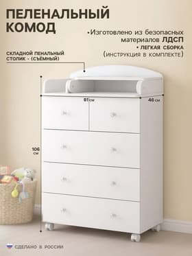 Комод пеленальный San Remo, 5 ящиков, 81×46×106 см, белый