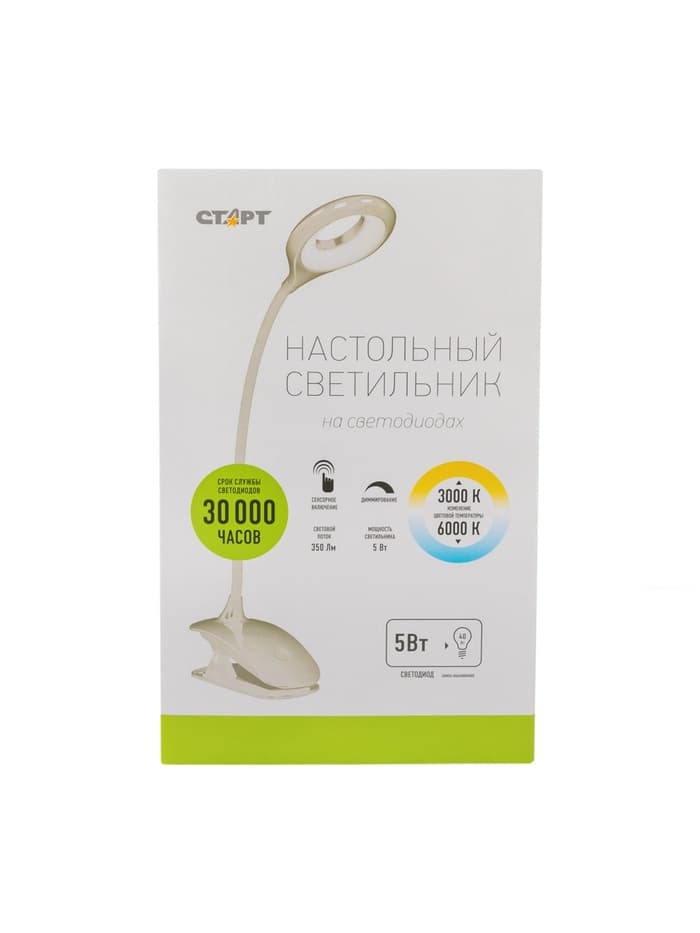 Лампа настольная СТАРТ, светодиодная, сенсорная, 5 Вт, 3 режима, на прищепке, USB, белая, 13.5×7×38 см