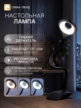 Лампа настольная СТАРТ, светодиодная, сенсорная, 5 Вт, 3 режима, на прищепке, USB, чёрная, 13.5×7×38 см
