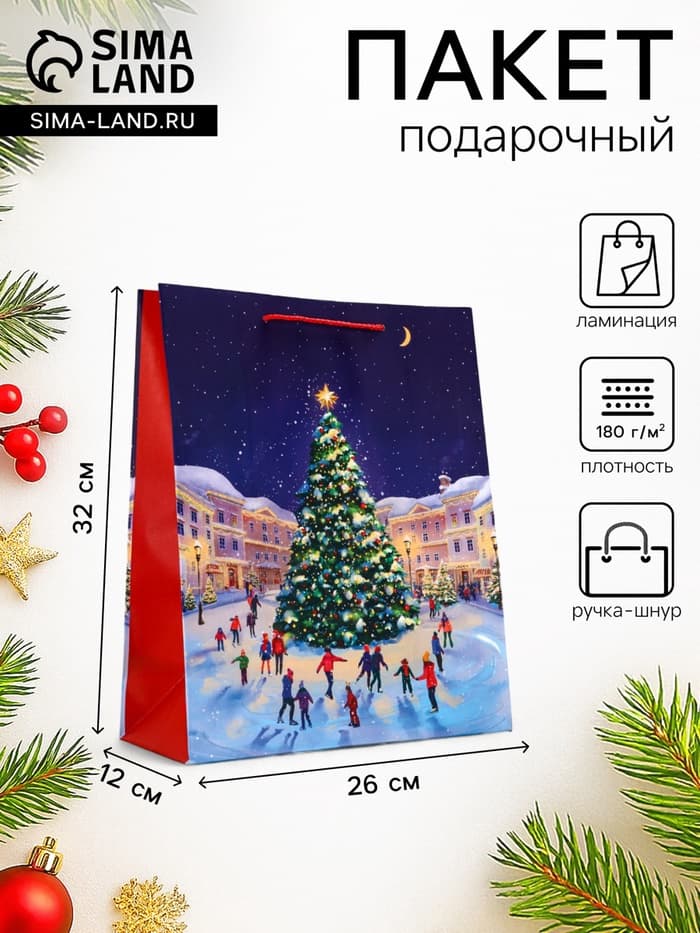 Пакет подарочный новогодний ламинированный, «Новогодний каток», 26×12×32 см