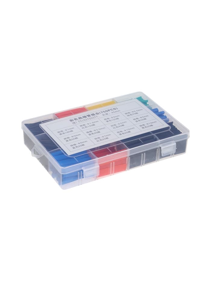 Термоусаживаемая трубка, 1/1.5/2/2.5/3/3.5/4/5/6/7/10/13 мм, набор 750 штук, длина 45 мм, в кейсе