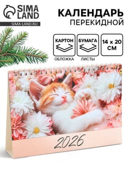 Календарь 2026 настольный, домик «Котенок в цветах» 14×20 см