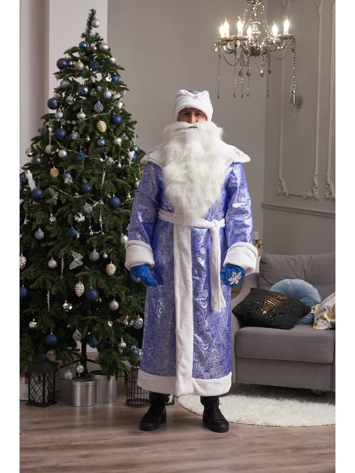 Карнавальный костюм синий «Дед Мороз»: шуба, шапка, варежки, борода, 52-54, рост 180