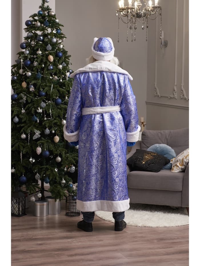 Карнавальный костюм синий «Дед Мороз»: шуба, шапка, варежки, борода, 52-54, рост 180