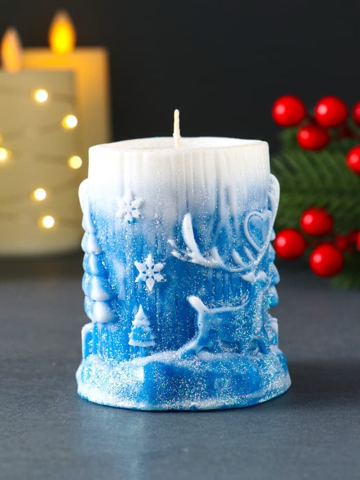 Свеча новогодняя цилиндр «Сказочный лес», 75×85 мм, синий