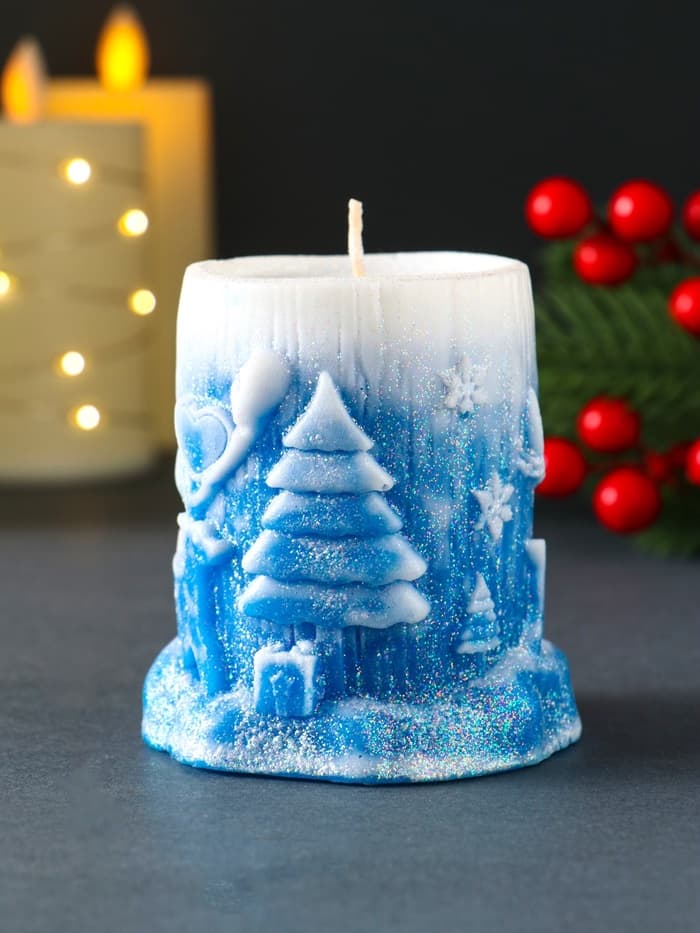 Свеча новогодняя цилиндр «Сказочный лес», 75×85 мм, синий