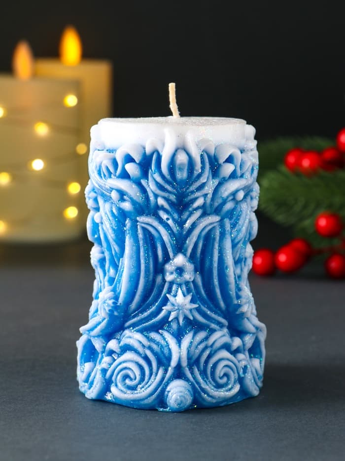 Свеча новогодняя столбик «Резная», синий, 10×7×7.5 см