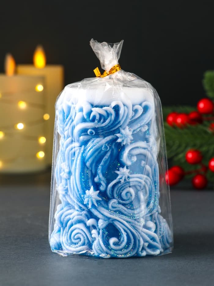 Свеча новогодняя столбик «Резная», синий, 10×7×7.5 см