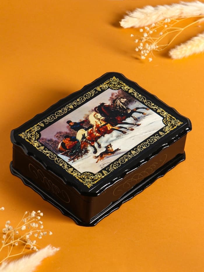 Шкатулка для украшений «Тройка коней», 17×23×6 см, лаковая миниатюра