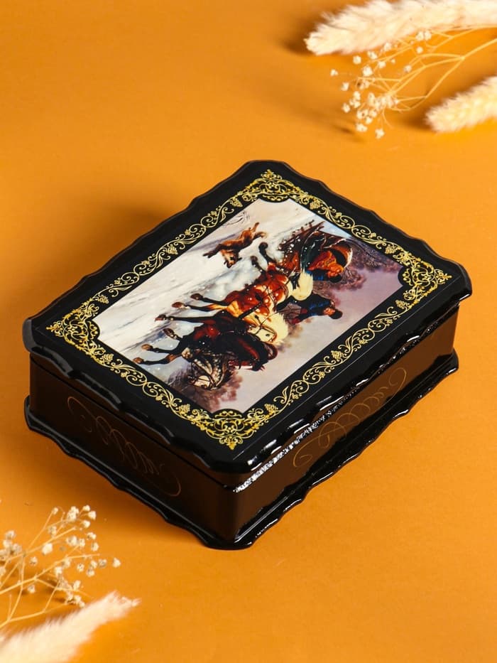 Шкатулка для украшений «Тройка коней», 17×23×6 см, лаковая миниатюра