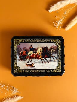 Шкатулка для украшений «Тройка коней», 17×23×6 см, лаковая миниатюра