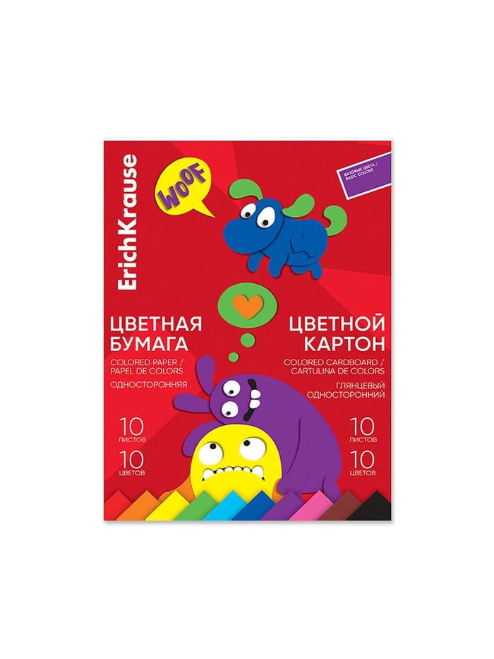Набор для детского творчества А4, 20 листов, 10 цветов, ErichKrause Jolly Friends, картон + бумага, мелованная односторонняя, на склейке, схема поделки