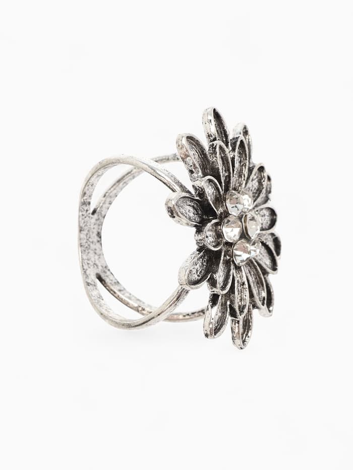 Кольцо для платка «Цветок Хризантема», белое в чернёном серебре