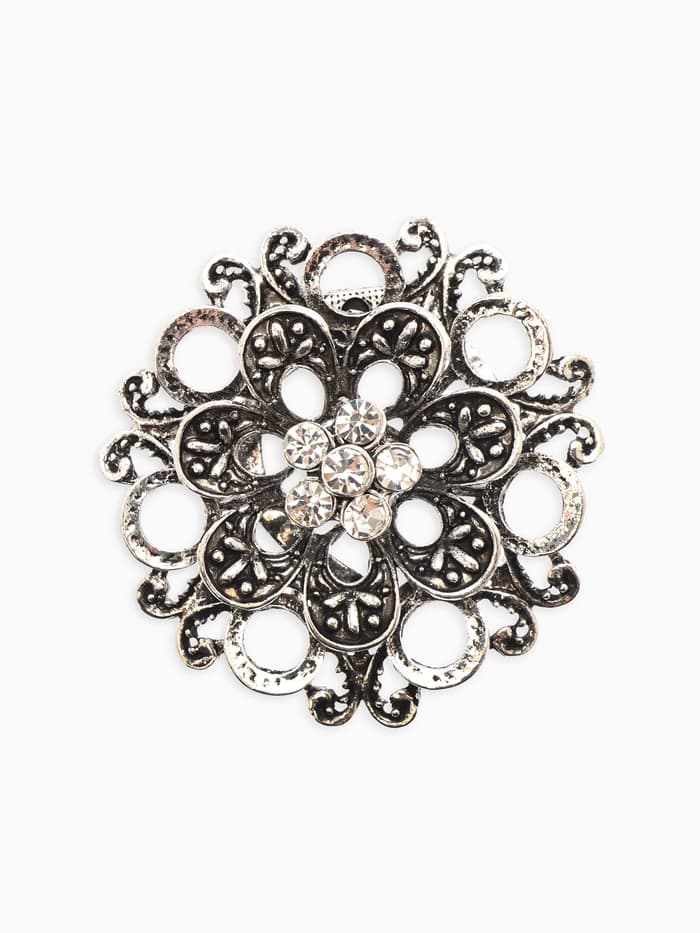 Зажим для платка «Цветок астры», белый в чернёном серебре