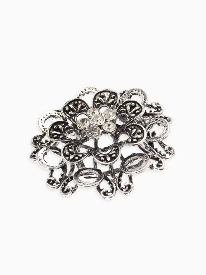 Зажим для платка «Цветок астры», белый в чернёном серебре