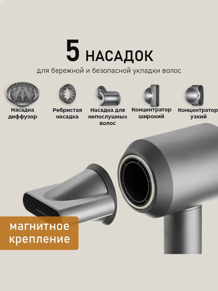 Фен WELLT A01 WELLAIR, 1600 Вт, 5 насадок, 3 скорости, 3 температурных режима, ионизация, серый