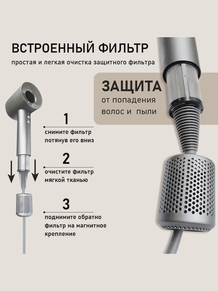 Фен WELLT A01 WELLAIR, 1600 Вт, 5 насадок, 3 скорости, 3 температурных режима, ионизация, серый