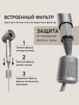 Фен WELLT A01 WELLAIR, 1600 Вт, 5 насадок, 3 скорости, 3 температурных режима, ионизация, серый