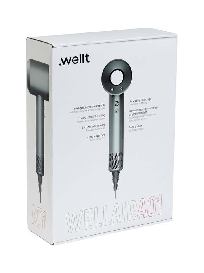 Фен WELLT A01 WELLAIR, 1600 Вт, 5 насадок, 3 скорости, 3 температурных режима, ионизация, серый