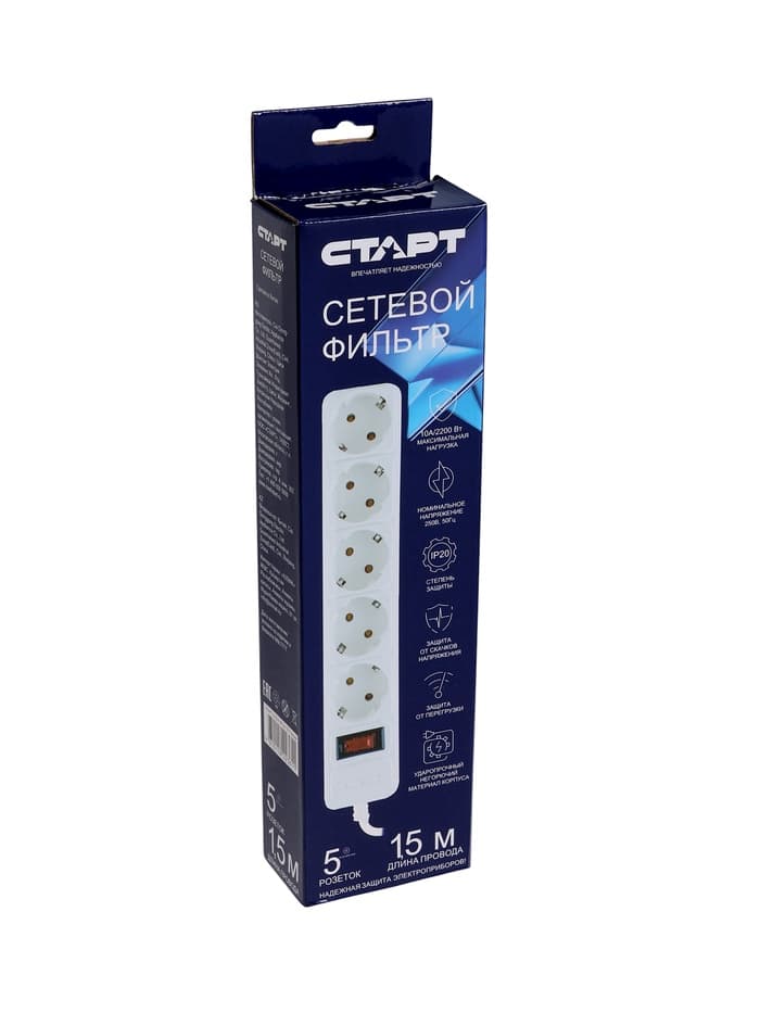 Сетевой фильтр СТАРТ, 5 розеток, 1.5 м, 10 А, ПВС 3×0.75 мм2, с заземлением, с выключателем, IP20, белый