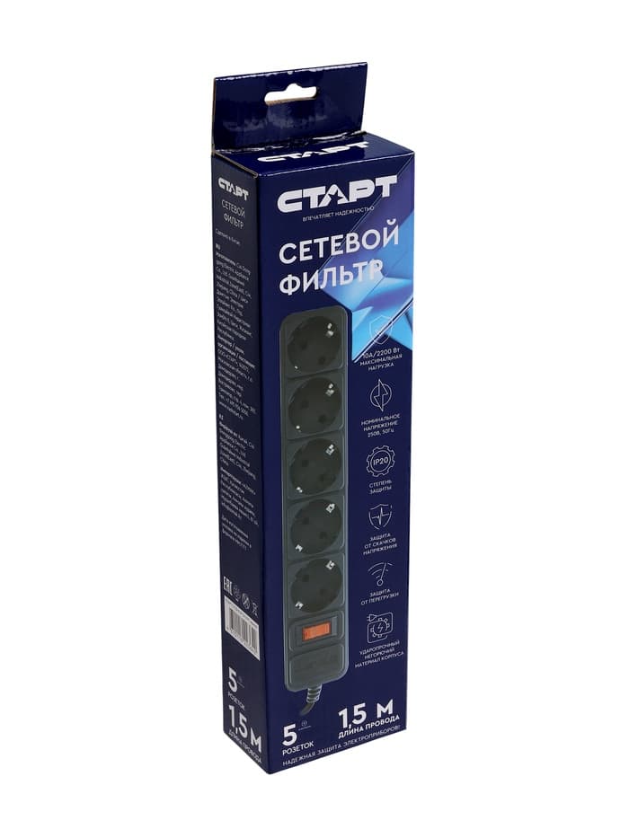 Сетевой фильтр СТАРТ, 5 розеток, 1.5 м, 10 А, ПВС 3×0.75 мм2, с заземлением, с выключателем, IP20, чёрный