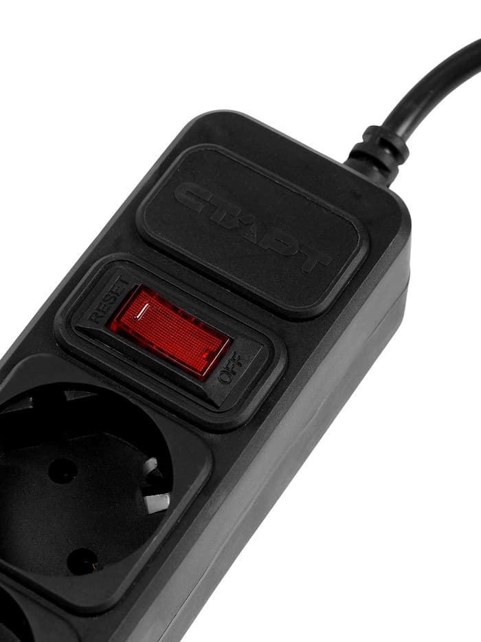 Сетевой фильтр СТАРТ, 5 розеток, 3 м, 10 А, ПВС 3×0.75 мм2, с заземлением, с выключателем, IP20, чёрный