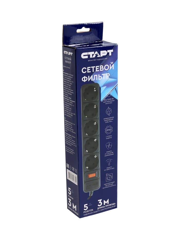 Сетевой фильтр СТАРТ, 5 розеток, 3 м, 10 А, ПВС 3×0.75 мм2, с заземлением, с выключателем, IP20, чёрный