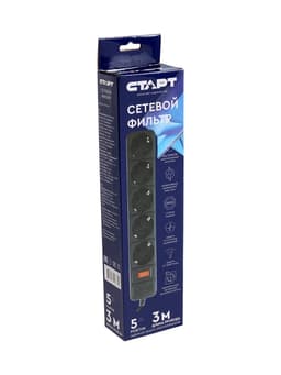 Сетевой фильтр СТАРТ, 5 розеток, 3 м, 10 А, ПВС 3×0.75 мм2, с заземлением, с выключателем, IP20, чёрный