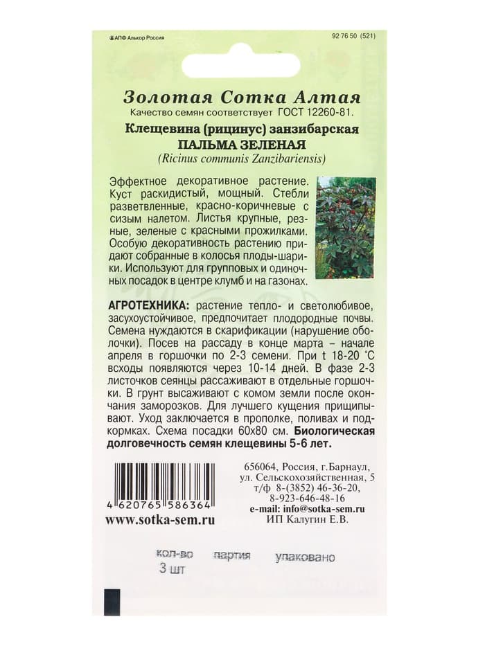 Семена Клещевина занзибарская «Пальма зеленая», 3 шт., «Золотая Сотка Алтая»