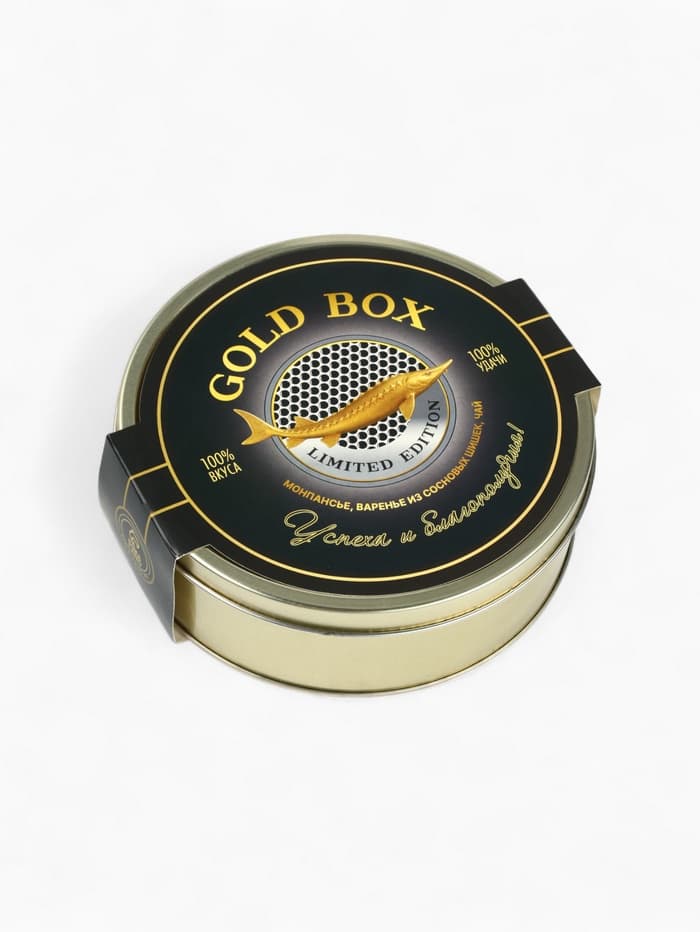 Подарочный новогодний набор в железной банке «Черная икра» : чай 50 г, монпансье 100 г, варенье 30 г, открытка