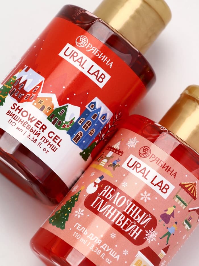 Подарочный набор новогодний в санях: 2 геля для душа, соль для ванны и мочалка, URAL LAB