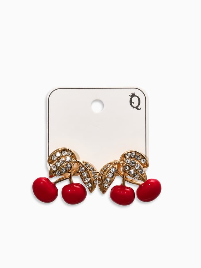 Серьги со стразами «Вишня», бело-красные в золоте