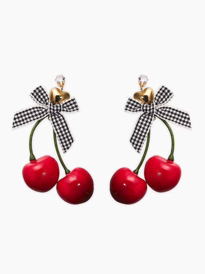 Серьги «Вишня с бантиками», красные в золоте