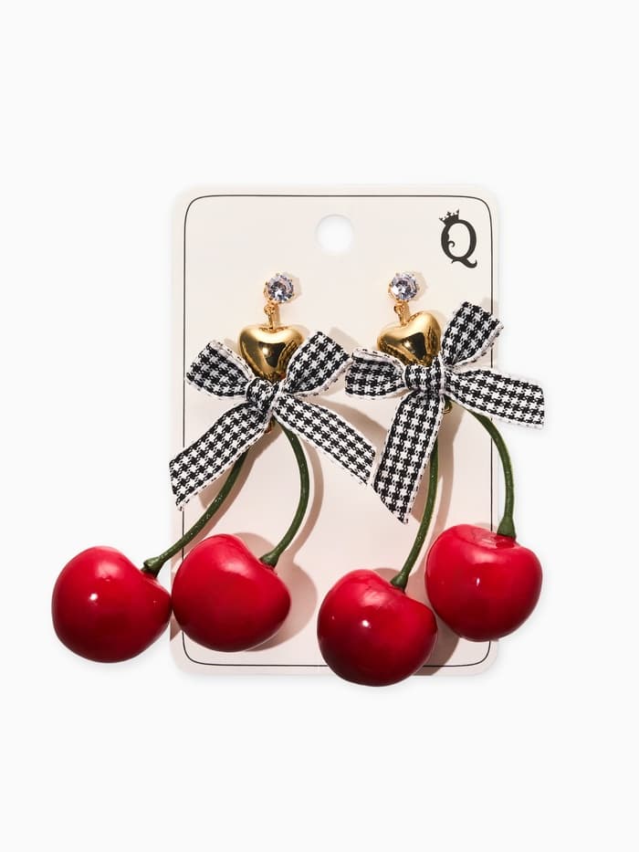 Серьги «Вишня с бантиками», красные в золоте