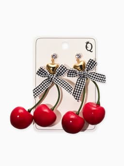 Серьги «Вишня с бантиками», красные в золоте