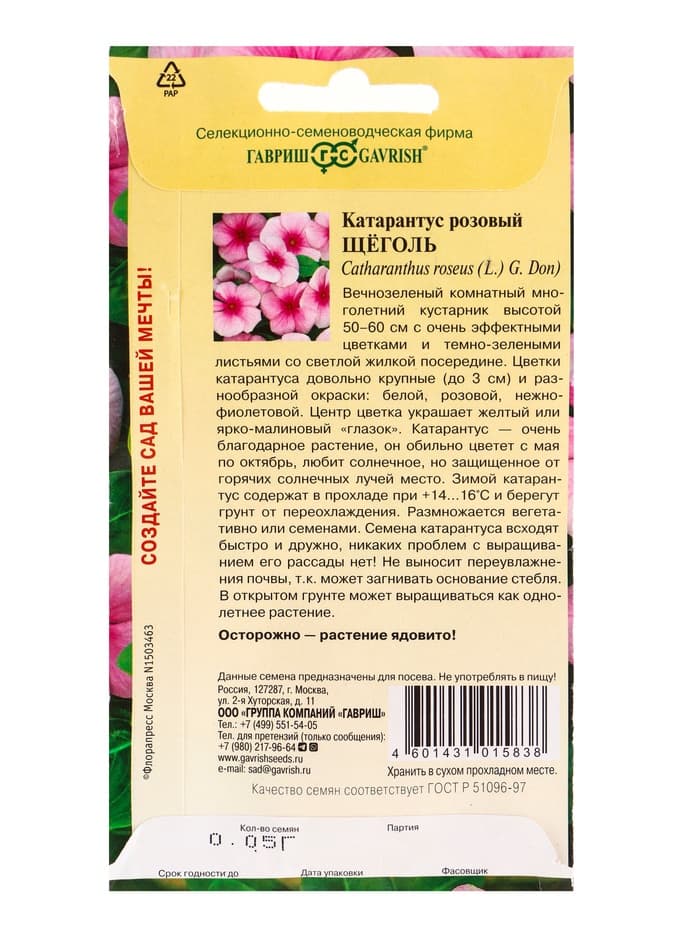 Набор семян комнатных Барвинок «Щеголь», 5 шт., «Мой выбор»